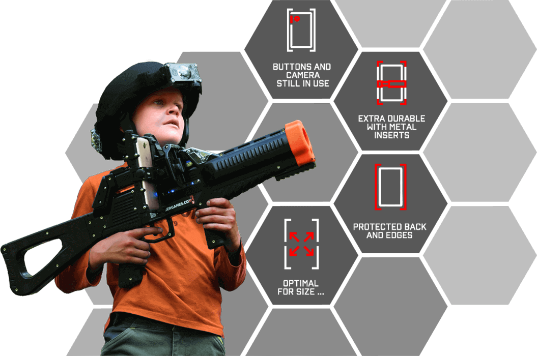 Kid with phoneholder's Raptor3 for new generation intager laser tag game