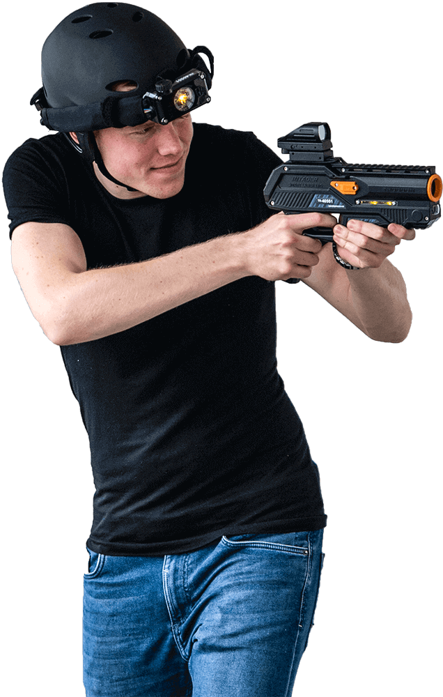 Player with Troodon professional laser tag equipment